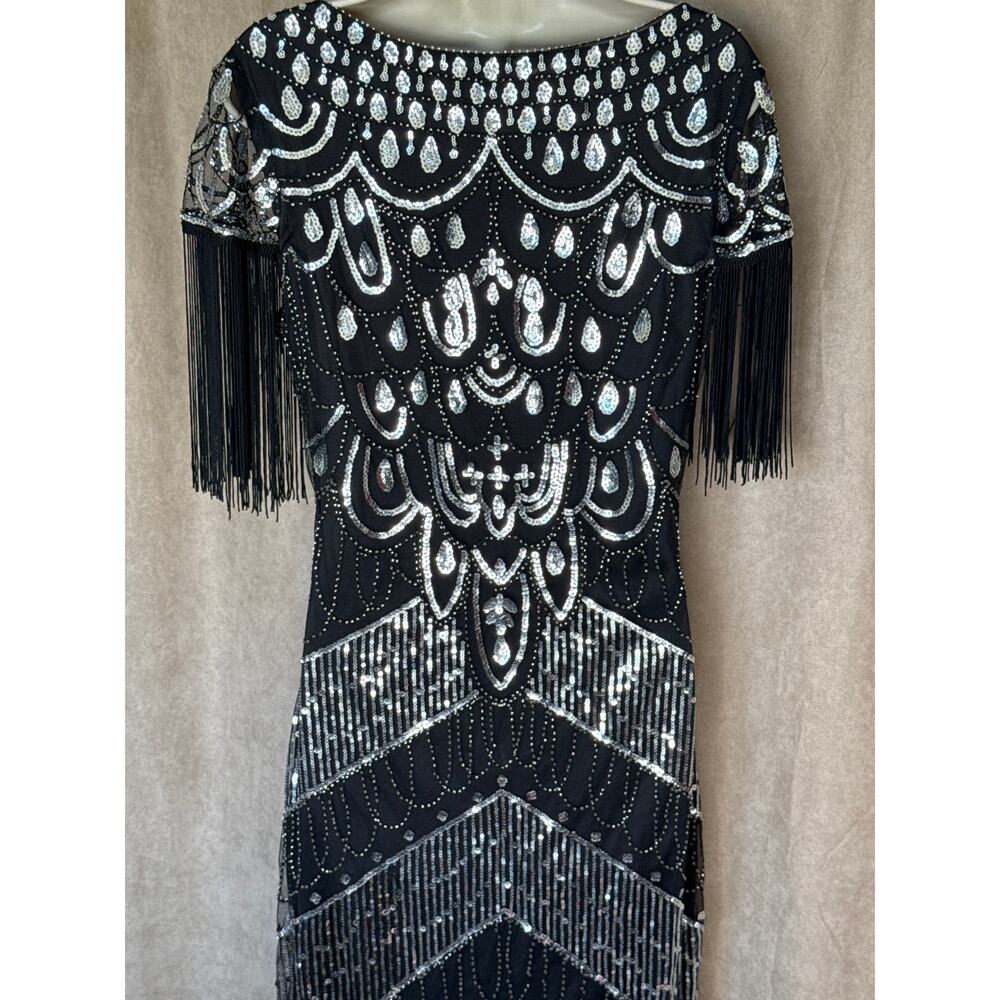 Unique Vintage Black & Silver Sequin Fringe Sleeved Laure Flapper Dress M NWOT - Picture 9 of 10
